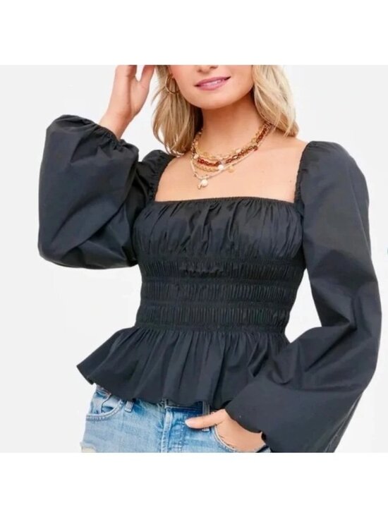 STAUD Tops - STAUD Jules Smocked Puff-Sleeve Peplum Top Black Women's Large New With Tag
